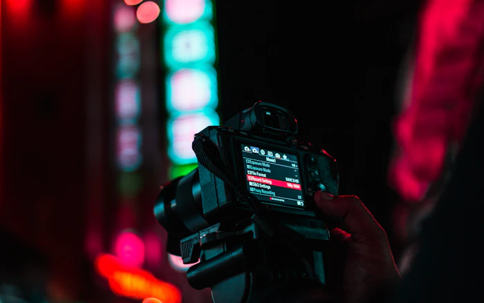 Camera capturing a neon-lit street at night