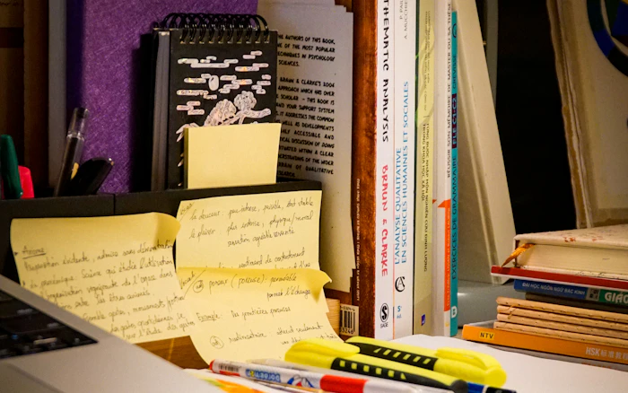 Books and notes on a study desk